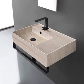Bathroom Sink Beige Travertine Design Ceramic Wall Mounted Sink With Matte Black Towel Bar Scarabeo 5114-E-TB-BLK